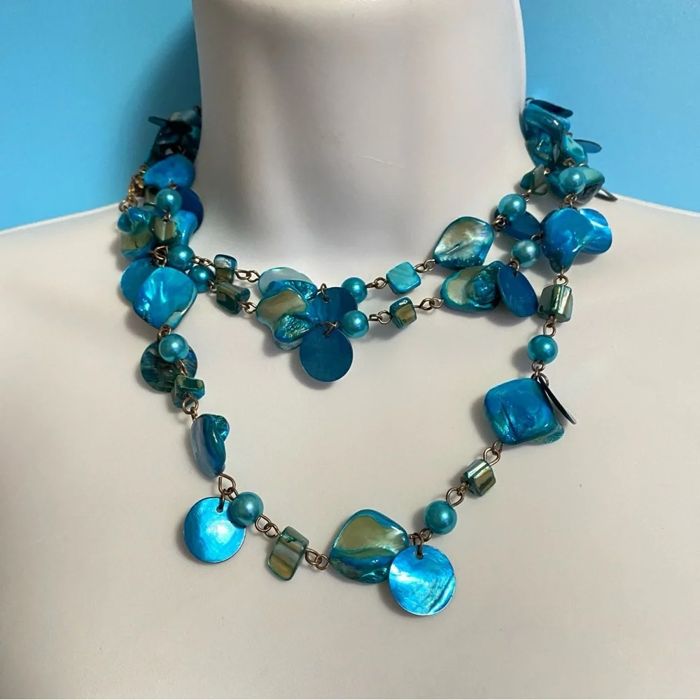 AVENUE Blue Natural Seashells Long Necklace Bohemian Style Oceancore Beachcore - Picture 3 of 9